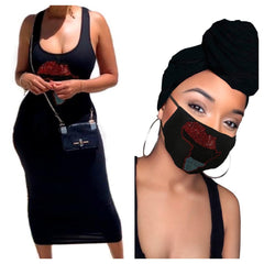 Africa Black Headwrap, Mask and Dress