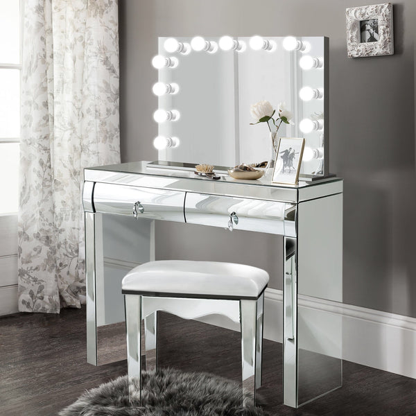 Complete set - Mirrored Dimmable Hollywood Makeup Mirror LED + Built-in Outlets, chair and Vanity christmas gift, gift for girlfriend, gift