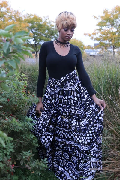 Black and White Print headwrap, Maxi Skirt, Mask & bag