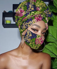 Sylvia Limited Edition Holiday Gold Print Slip On Satin Lined Headwrap and Mask