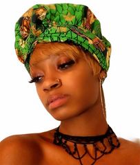 Gia Green Gold Print Slip On Satin Lined Headwrap and Mask