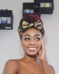 Black and Gold Pre Tie Satin Lined Slip On Headwrap Headband and Mask