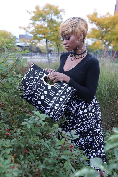 Black and White Print headwrap, Maxi Skirt, Mask & bag