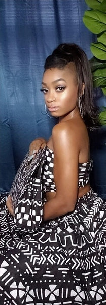 Black and White Print headwrap, Maxi Skirt, Mask & bag