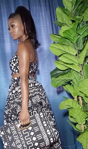 Black and White Print headwrap, Maxi Skirt, Mask & bag