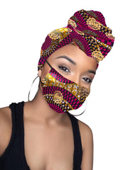 Sabra Gye Nyame Cotton Gold Print African Head wrap and Mask