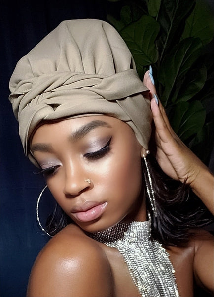 Khaki Slip On Satin Lined Headwrap and Mask