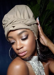 Khaki Slip On Satin Lined Headwrap and Mask