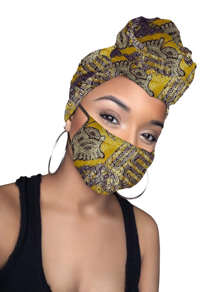 Bertie Limited Edition Holiday Gold Print African Headwrap and mask