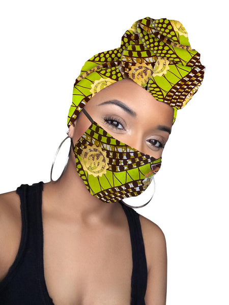 Sky Gye Nyame Cotton Gold Print African Headwrap and mask