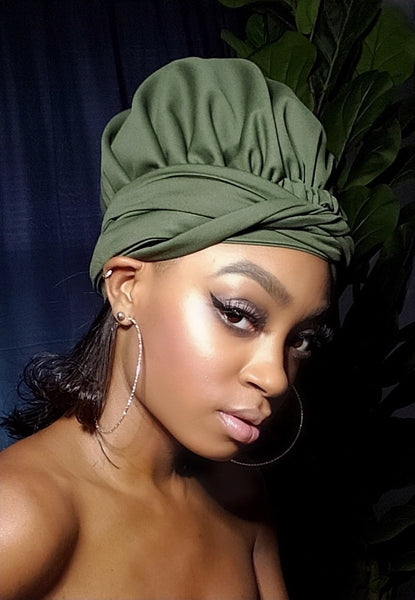 Olive Slip On Satin Lined Headwrap and Mask