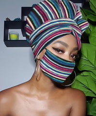 Colored Striped Slip On Satin Lined Headwrap and Mask