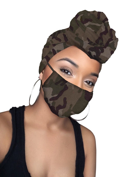 Camo Army Jersey Knit Stretched Fabric Headwrap and Mask