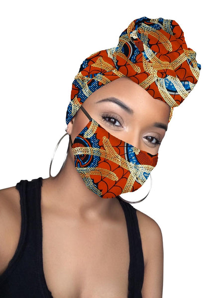 Clara Limited Edition Holiday Gold Print African Headwrap and mask