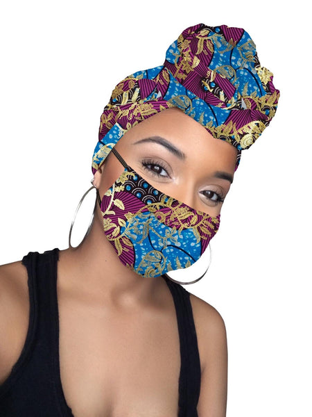 Nora Limited Edition Holiday Gold Print African Headwrap and mask