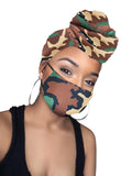Joy Army Print Stretched Satin Lined Headwrap and Mask