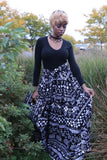 Black and White Print headwrap, Maxi Skirt, Mask & bag