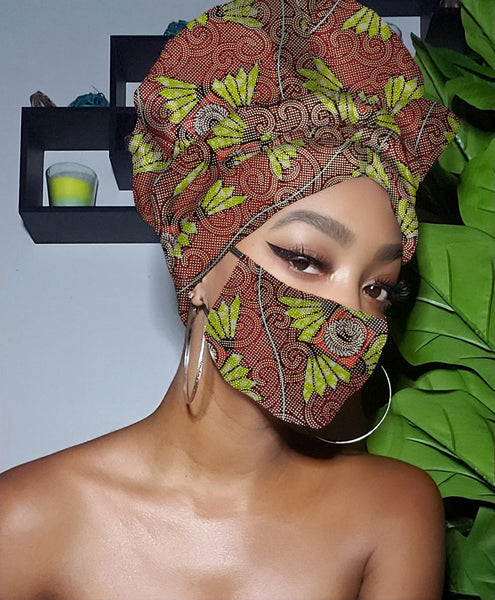 Naya Limited Edition Holiday Gold Print Slip On Satin Lined Headwrap and Mask