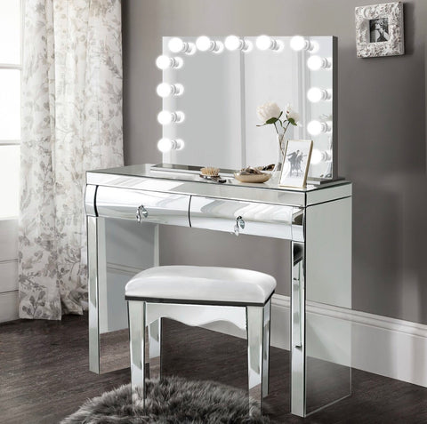 Complete set - Mirrored Dimmable Hollywood Makeup Mirror LED + Built-in Outlets, chair and Vanity christmas gift, gift for girlfriend, gift