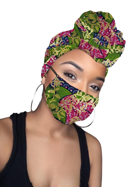 Sylvia Limited Edition Holiday Gold Print African Headwrap and mask