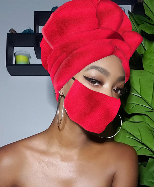 Red Slip On Satin Lined Headwrap and Mask