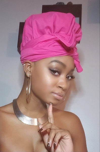 Pink Jersey Knit Stretched Fabric Slip On Headwrap and Mask