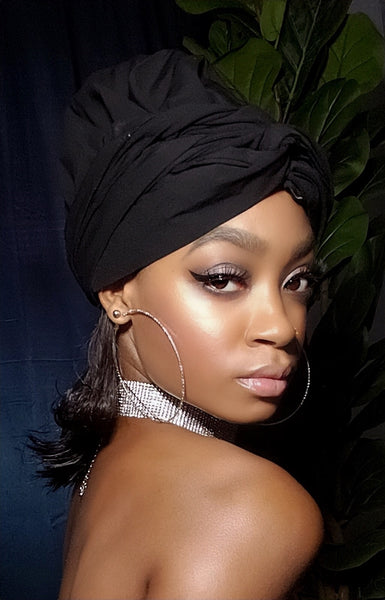 Black Slip On Satin Lined Headwrap and Mask