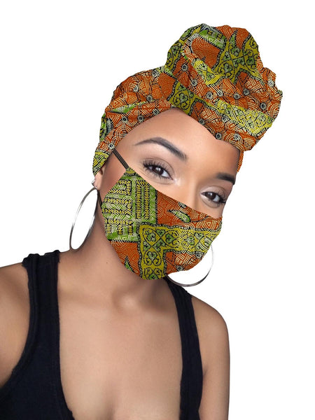 Mavis Limited Edition Holiday Gold Print African Headwrap and mask