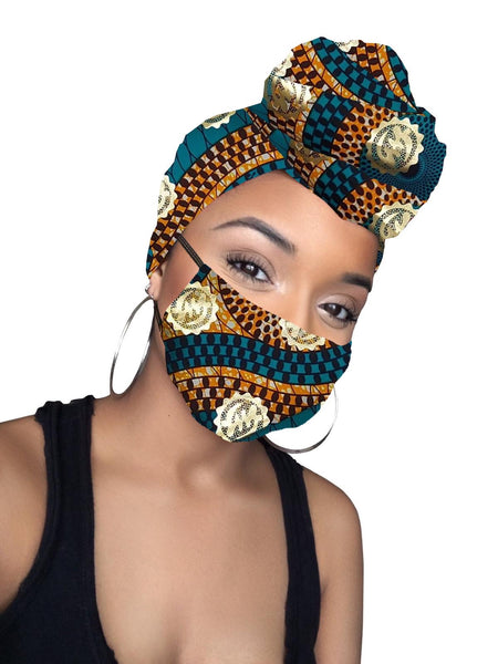 Kai Gye Nyame Cotton Gold Print African Headwrap and mask