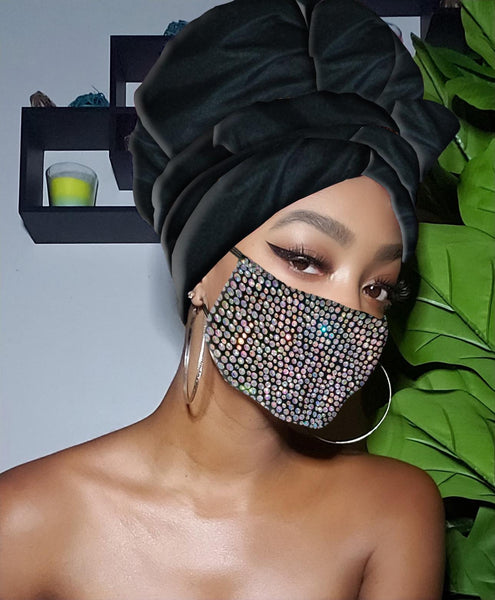 Diamond Bling Slip On Satin Lined Headwrap and Mask