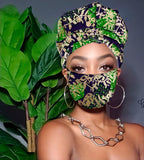 Joya Limited Edition Holiday Gold Print Slip On Satin Lined Headwrap and Mask