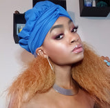 Blue Slip On Satin Lined Headwrap and Mask