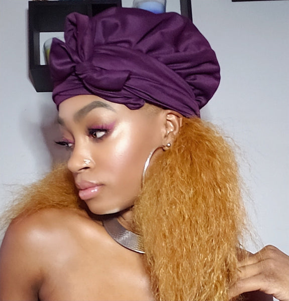 Solid Purple Slip On Satin Lined Headwrap and Mask