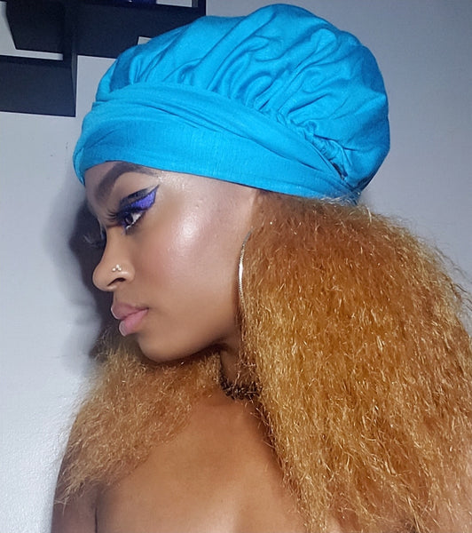 Solid Blue Slip On Satin Lined Headwrap and Mask