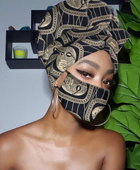Black and Gold Slip On Satin Lined Headwrap and Mask