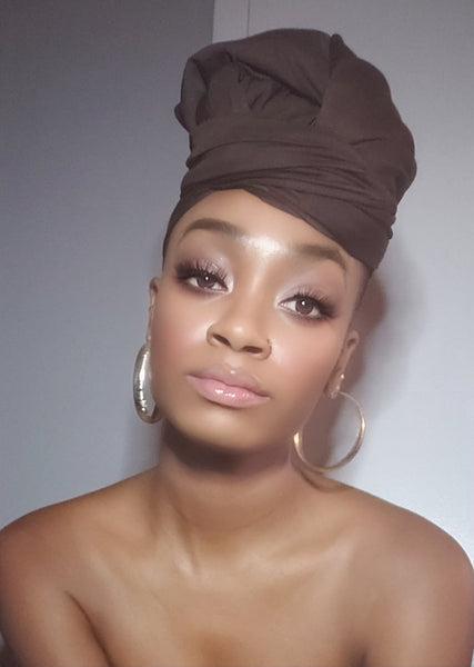 Brown Jersey Knit Stretched Fabric Satin Lined Headwrap