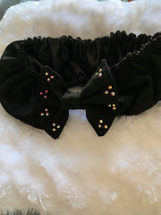 Black Pre Tie Satin Lined Slip On Bling Headwrap Headband and Mask