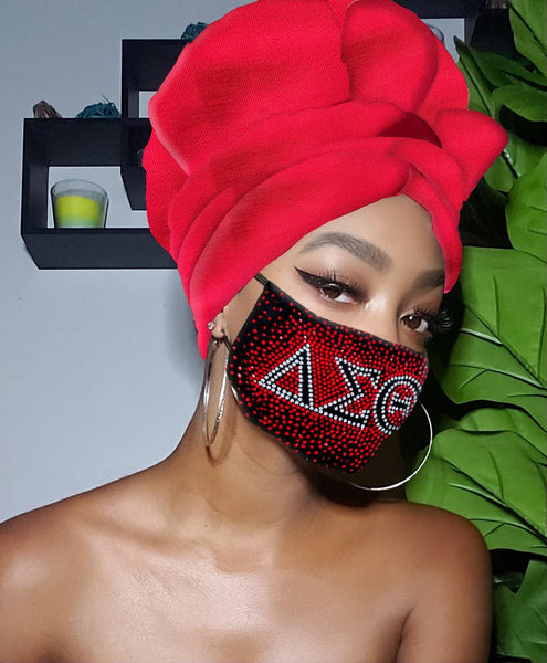 Red Delta Sigma Slip On Satin Lined Headwrap and Mask