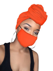 Orange Jersey Knit Stretched Fabric Headwrap and Mask
