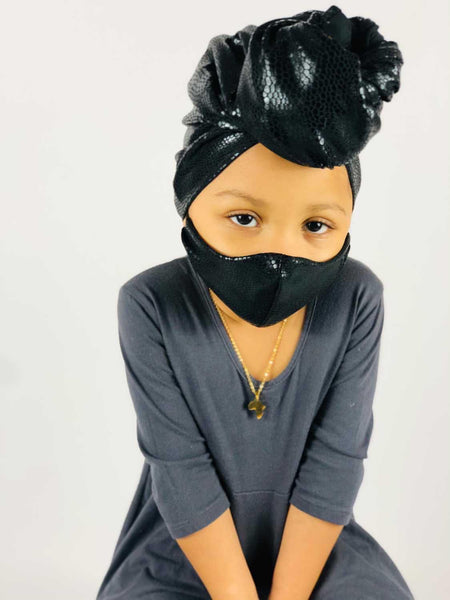 Black Faux Leather Kid Headwrap and Mask