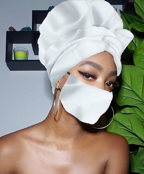 Pearl White Slip On Satin Lined Headwrap and Mask