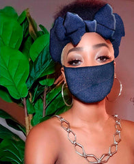 Navy Pre Tie Satin Lined Slip On Headwrap Headband and Mask