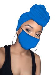 Blue Jersey Knit Stretched Fabric  Headwrap and Mask