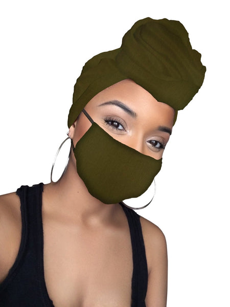 Olive Jersey Knit Stretched Fabric Headwrap and Mask